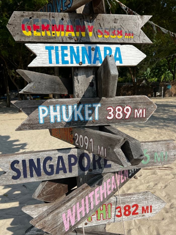 Vibrant wooden signpost on a sandy beach points to various global destinations.